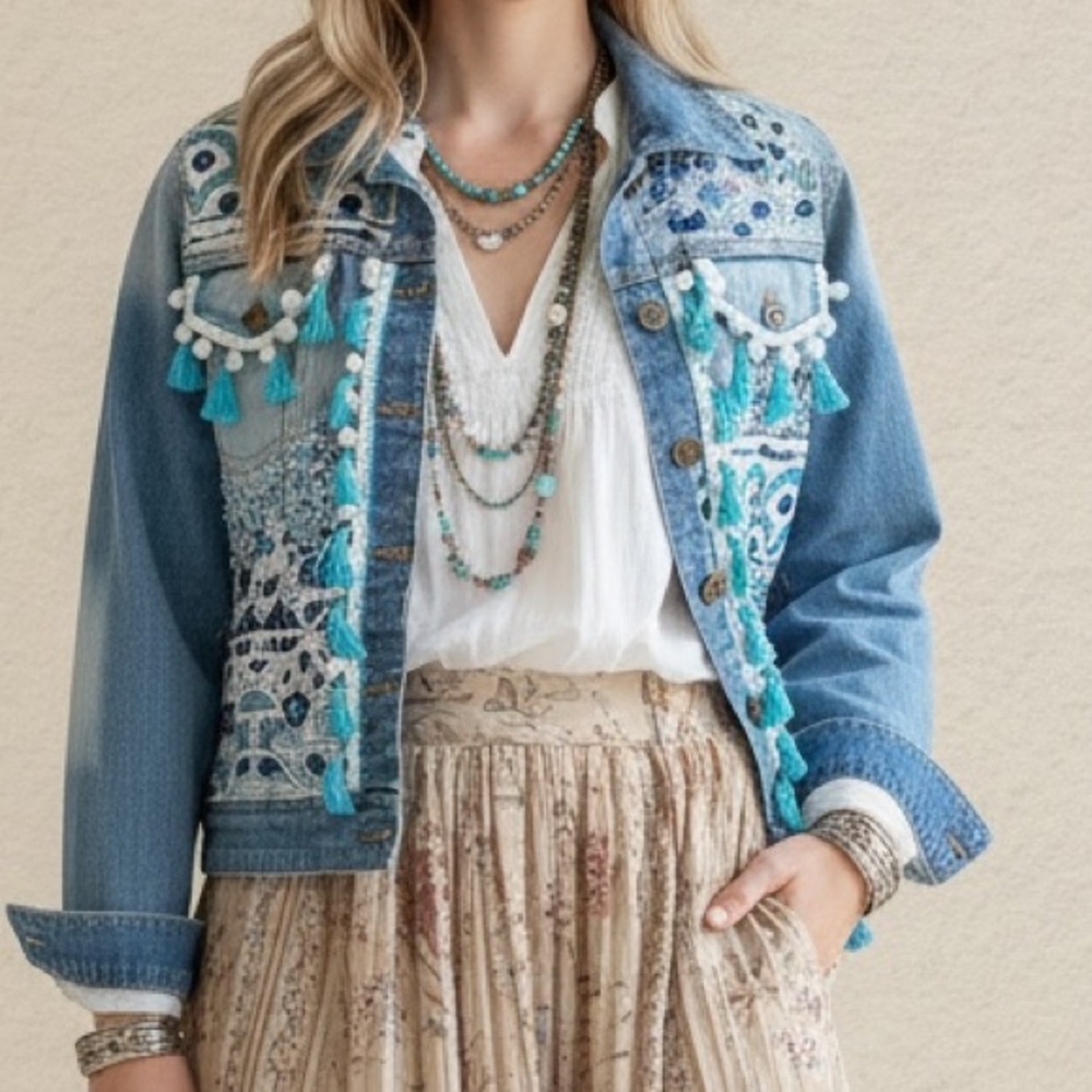 ANTICA SARTORIA Giacomo Cinque Italian Boho Embroidered Denim Jacket